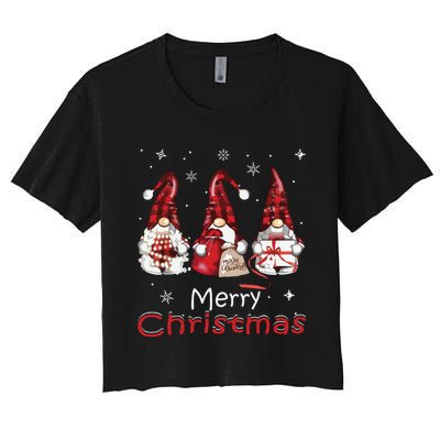 Gnome Family Christmas Shirts For Women Buffalo Plaid Women's Crop Top Tee