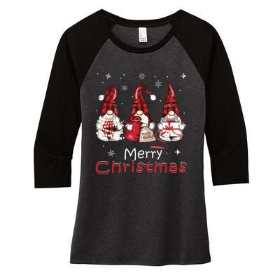 Gnome Family Christmas Shirts For Women Buffalo Plaid Women's Tri-Blend 3/4-Sleeve Raglan Shirt