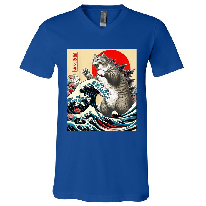 Gifts For Catzilla Cat Japanese Art Cat Owner V-Neck T-Shirt