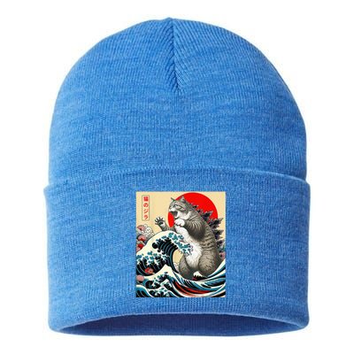 Gifts For Catzilla Cat Japanese Art Cat Owner Sustainable Knit Beanie