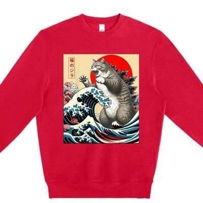 Gifts For Catzilla Cat Japanese Art Cat Owner Premium Crewneck Sweatshirt