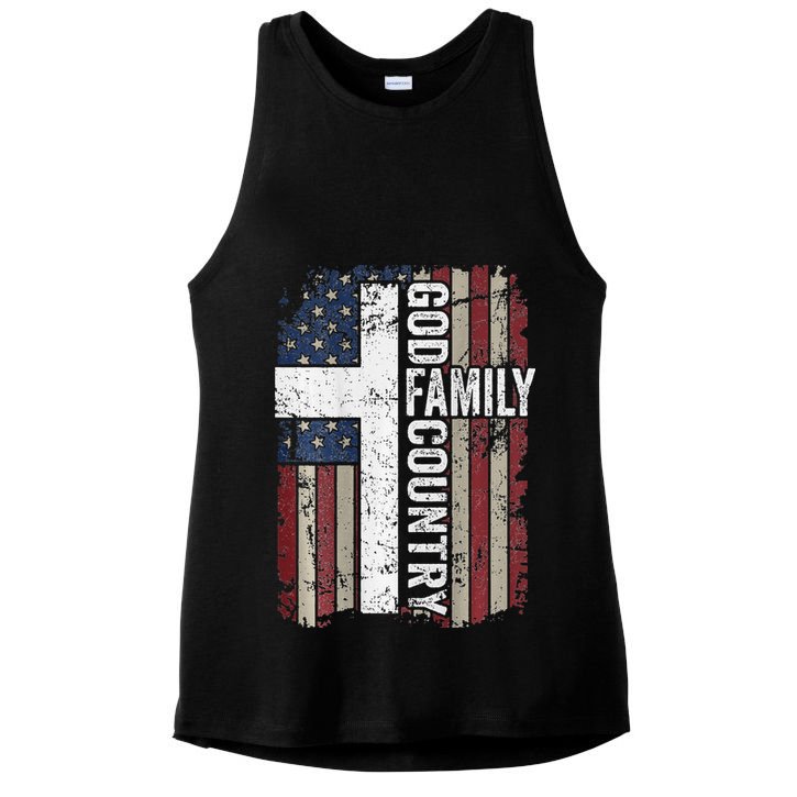 God Family Country Patriotic Christian Cross USA Ladies PosiCharge Tri-Blend Wicking Tank
