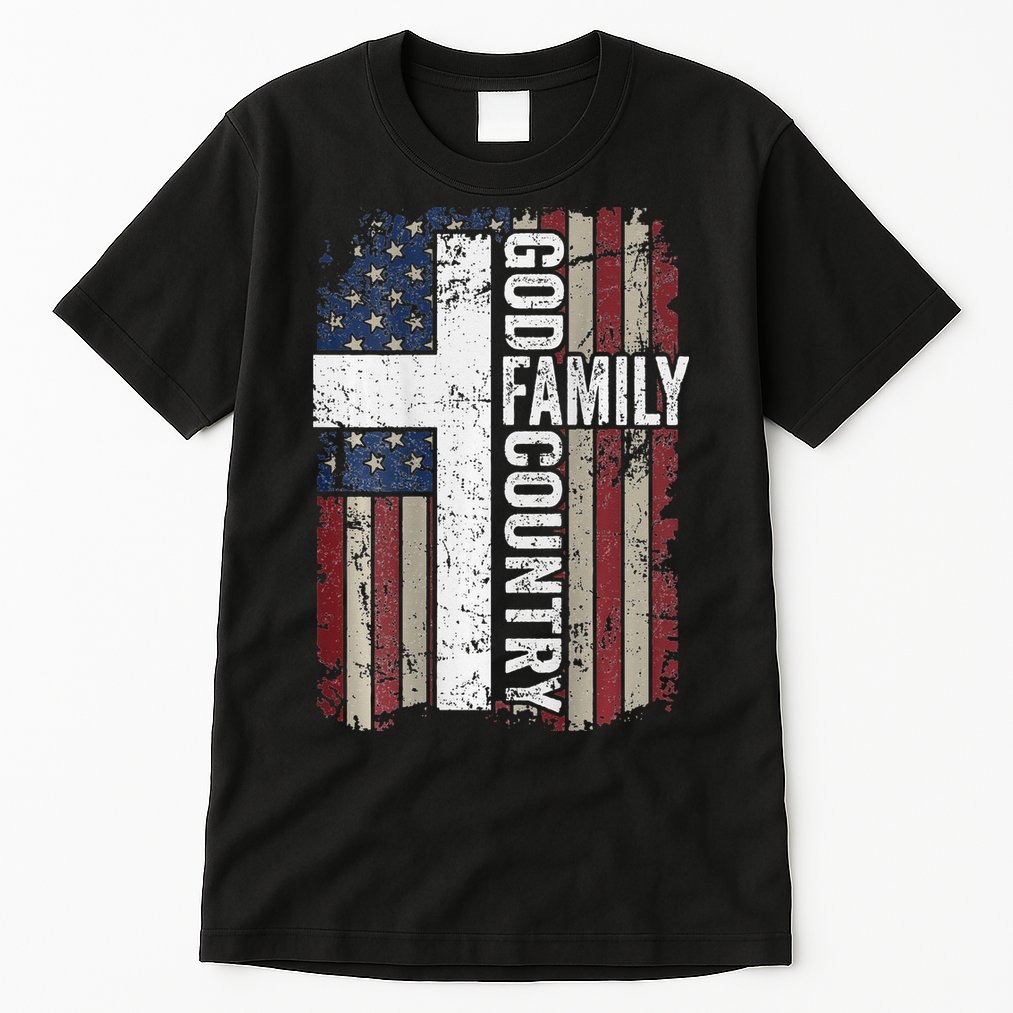 God Family Country Patriotic Christian Cross USA Tall T-Shirt
