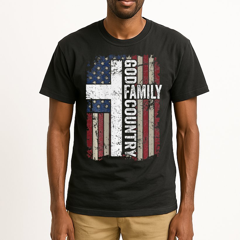 God Family Country Patriotic Christian Cross USA Tall T-Shirt