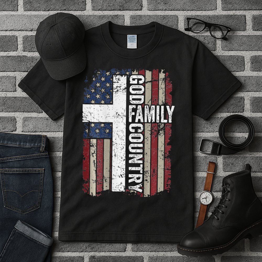 God Family Country Patriotic Christian Cross USA Tall T-Shirt