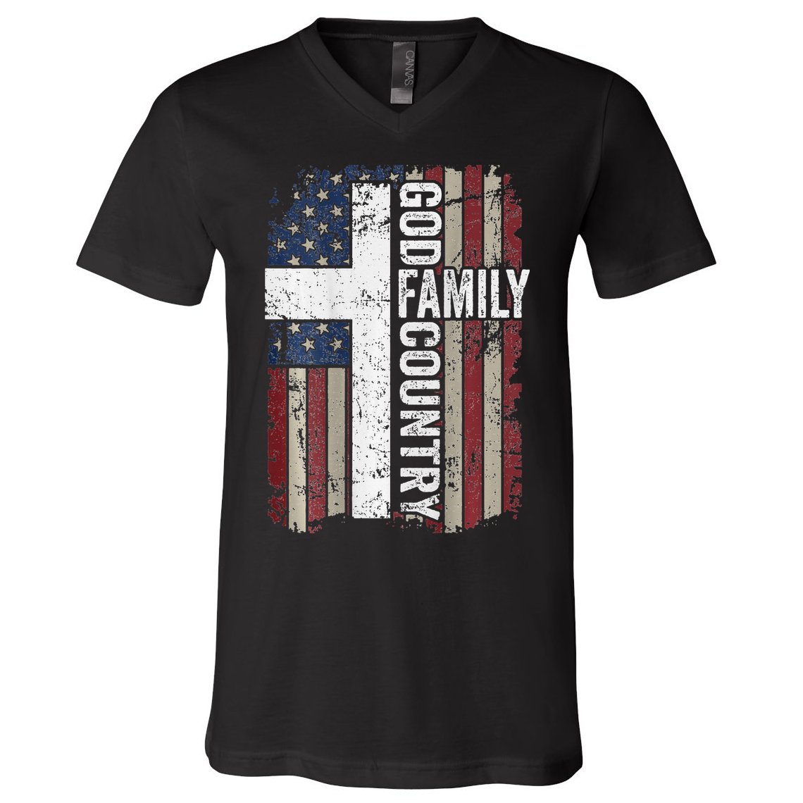 God Family Country Patriotic Christian Cross USA V-Neck T-Shirt