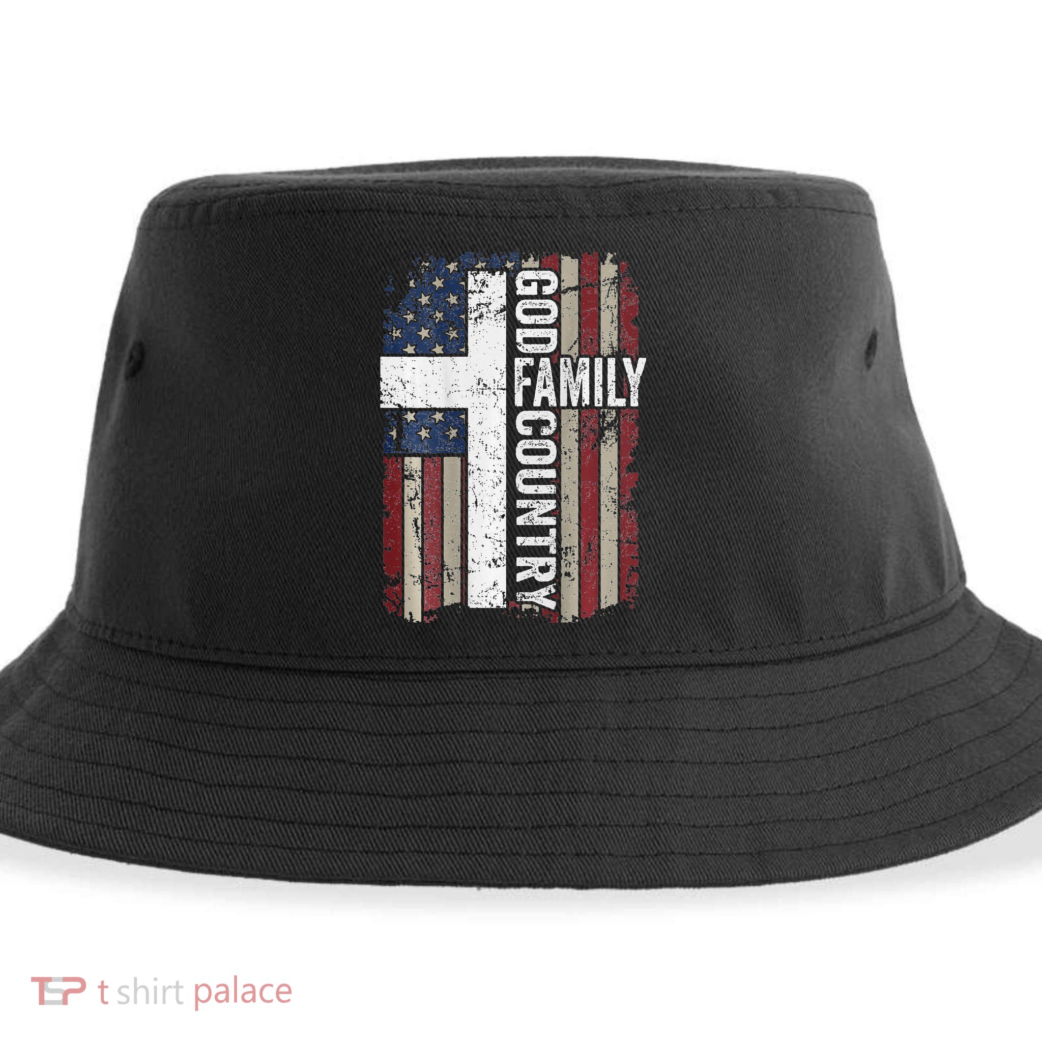 God Family Country Patriotic Christian Cross USA Sustainable Bucket Hat