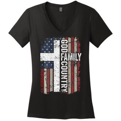 God Family Country Patriotic Christian Cross USA Women's V-Neck T-Shirt