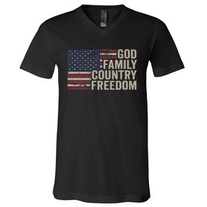 God Family Country Freedom 4th July USA Flag Christian V-Neck T-Shirt