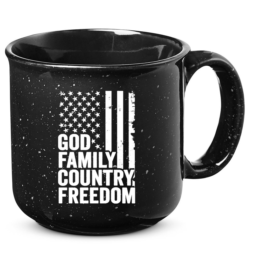 God Family Country Freedom Patriotic Christian USA Flag Long 15oz Campfire Ceramic Mug