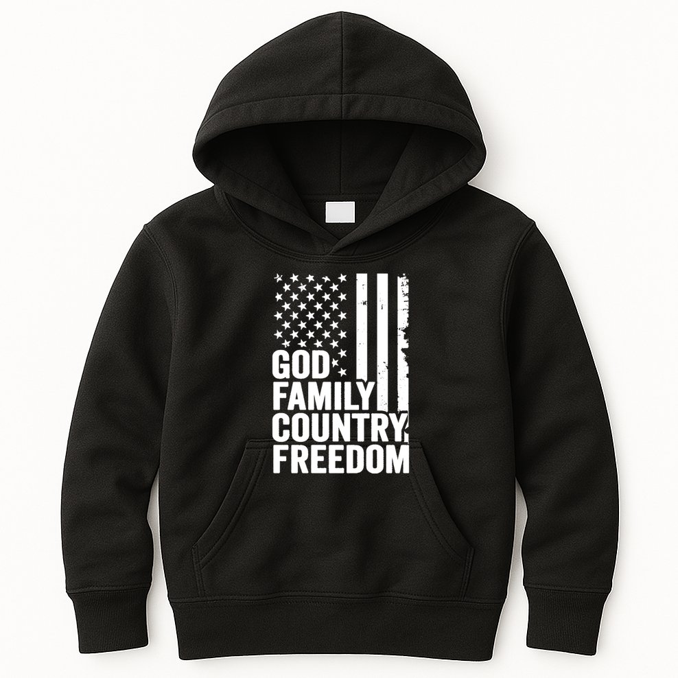 God Family Country Freedom Patriotic Christian USA Flag Long Kids Hoodie