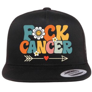 Groovy Fuck Cancer I Hate Cancer Breast Cancer Awareness Flat Bill Trucker Hat