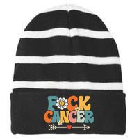 Groovy Fuck Cancer I Hate Cancer Breast Cancer Awareness Striped Beanie with Solid Band