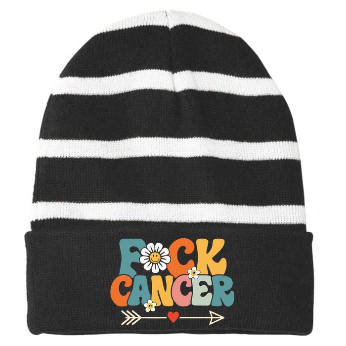 Groovy Fuck Cancer I Hate Cancer Breast Cancer Awareness Striped Beanie with Solid Band