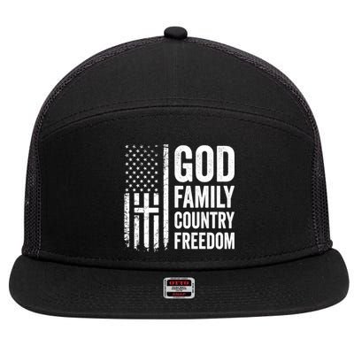 God Family Country Freedom Meaningful Gift Christian Usa Flag Cross Great Gift 7 Panel Mesh Trucker Snapback Hat