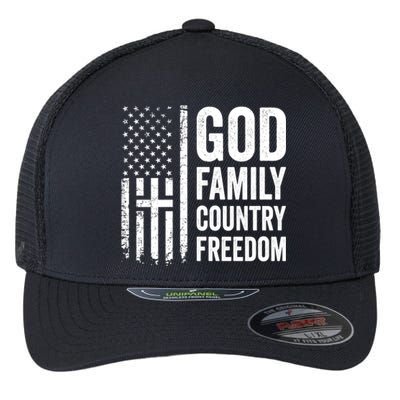 God Family Country Freedom Meaningful Gift Christian Usa Flag Cross Great Gift Flexfit Unipanel Trucker Cap