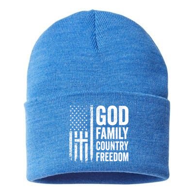 God Family Country Freedom Meaningful Gift Christian Usa Flag Cross Great Gift Sustainable Knit Beanie