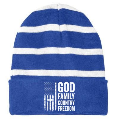 God Family Country Freedom Meaningful Gift Christian Usa Flag Cross Great Gift Striped Beanie with Solid Band