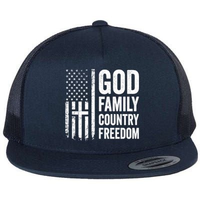 God Family Country Freedom Meaningful Gift Christian Usa Flag Cross Great Gift Flat Bill Trucker Hat