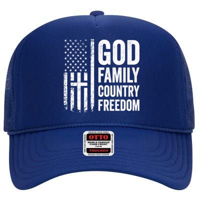 God Family Country Freedom Meaningful Gift Christian Usa Flag Cross Great Gift High Crown Mesh Back Trucker Hat