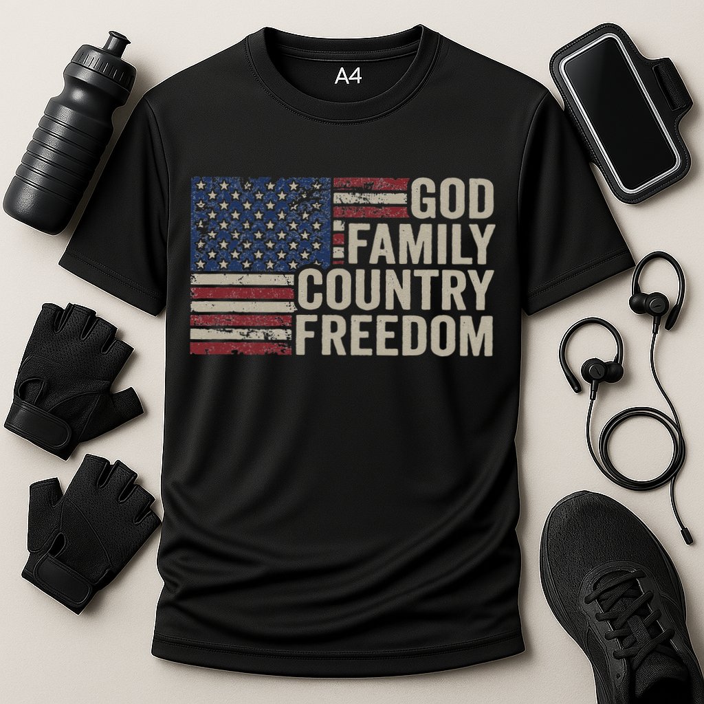 God Family Country Freedom 4th July USA Flag Christian Cooling Performance Crew T-Shirt