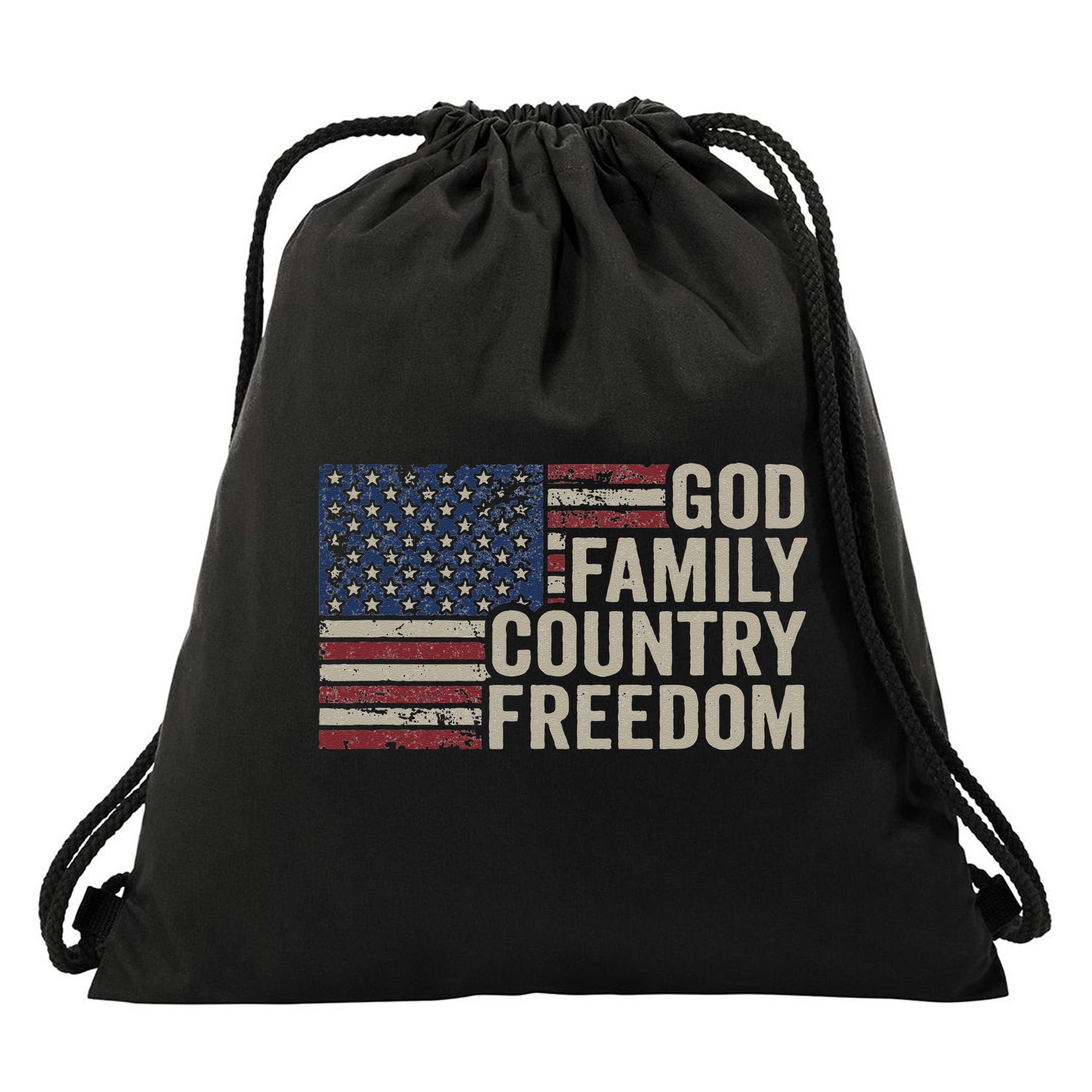 God Family Country Freedom 4th July USA Flag Christian Drawstring Bag