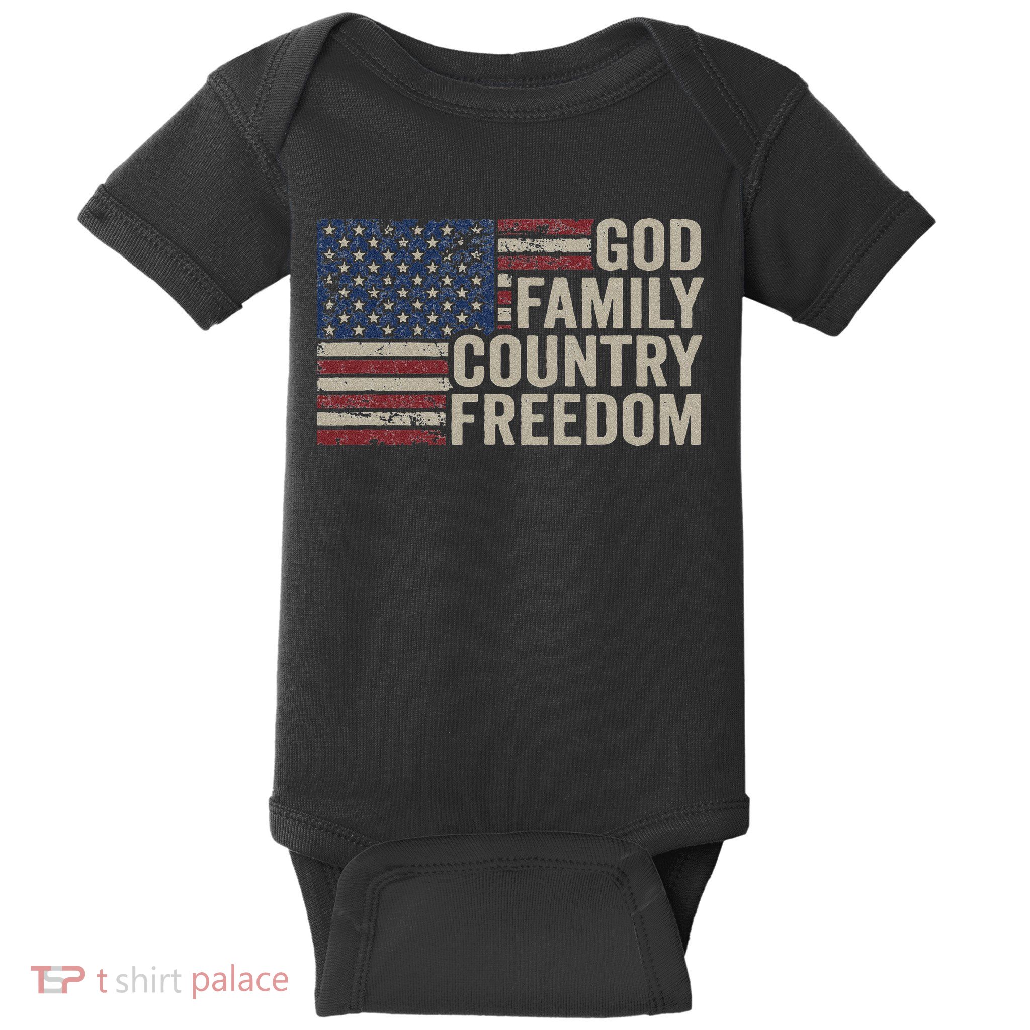 God Family Country Freedom 4th July USA Flag Christian Baby Bodysuit
