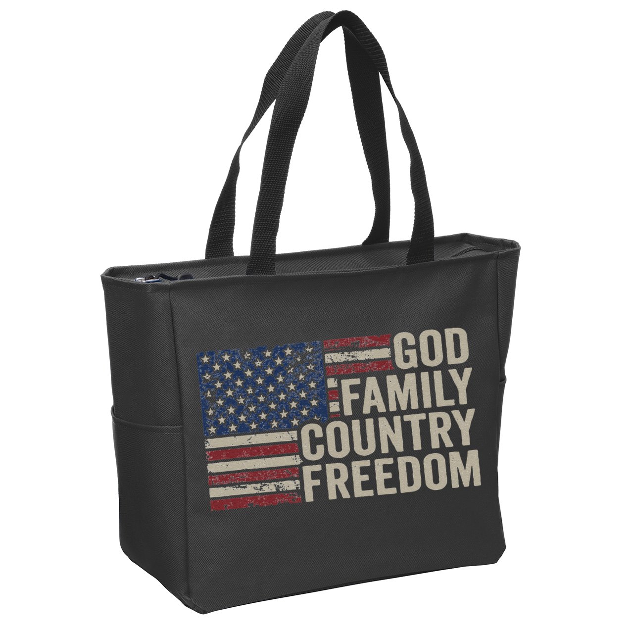 God Family Country Freedom 4th July USA Flag Christian Zip Tote Bag