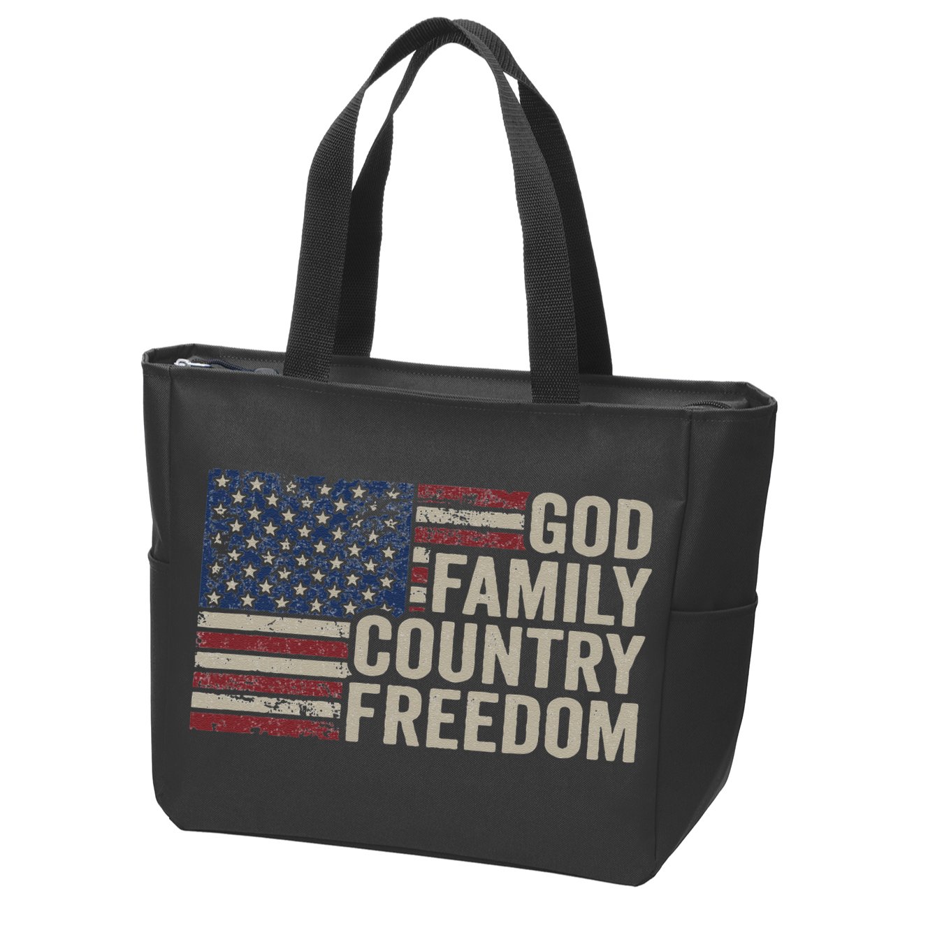 God Family Country Freedom 4th July USA Flag Christian Zip Tote Bag