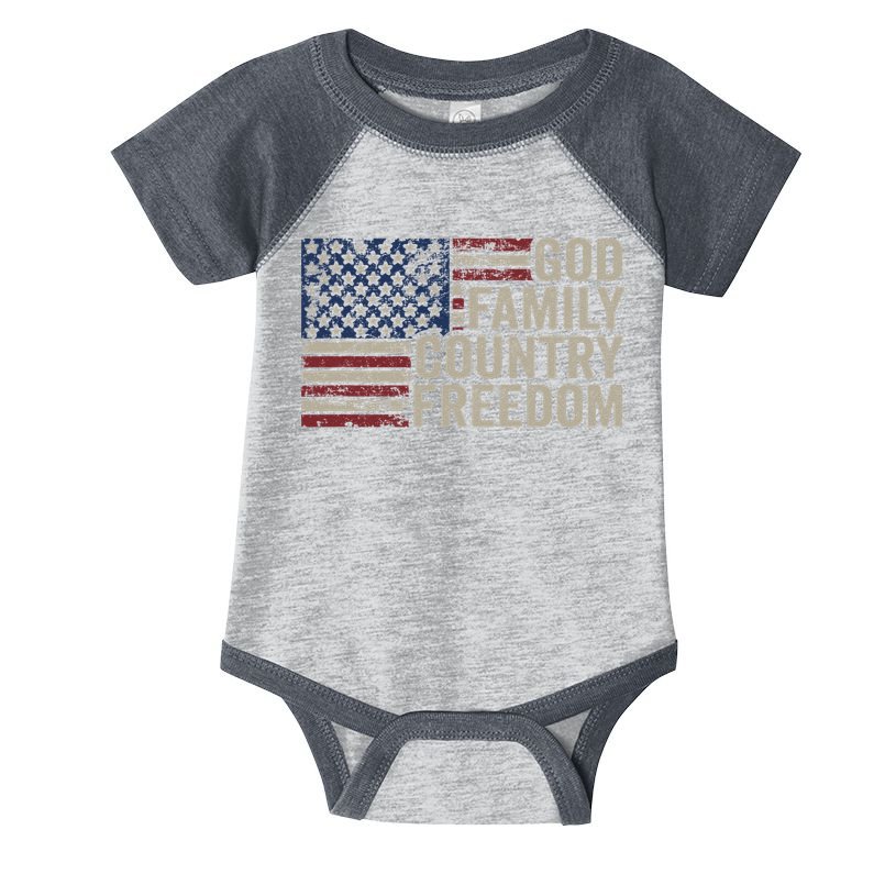 God Family Country Freedom 4th July USA Flag Christian Infant Baby Jersey Bodysuit