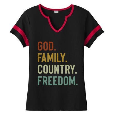 God Family Country Freedom Retro Patriotic Christian Values Cool Gift Ladies Halftime Notch Neck Tee