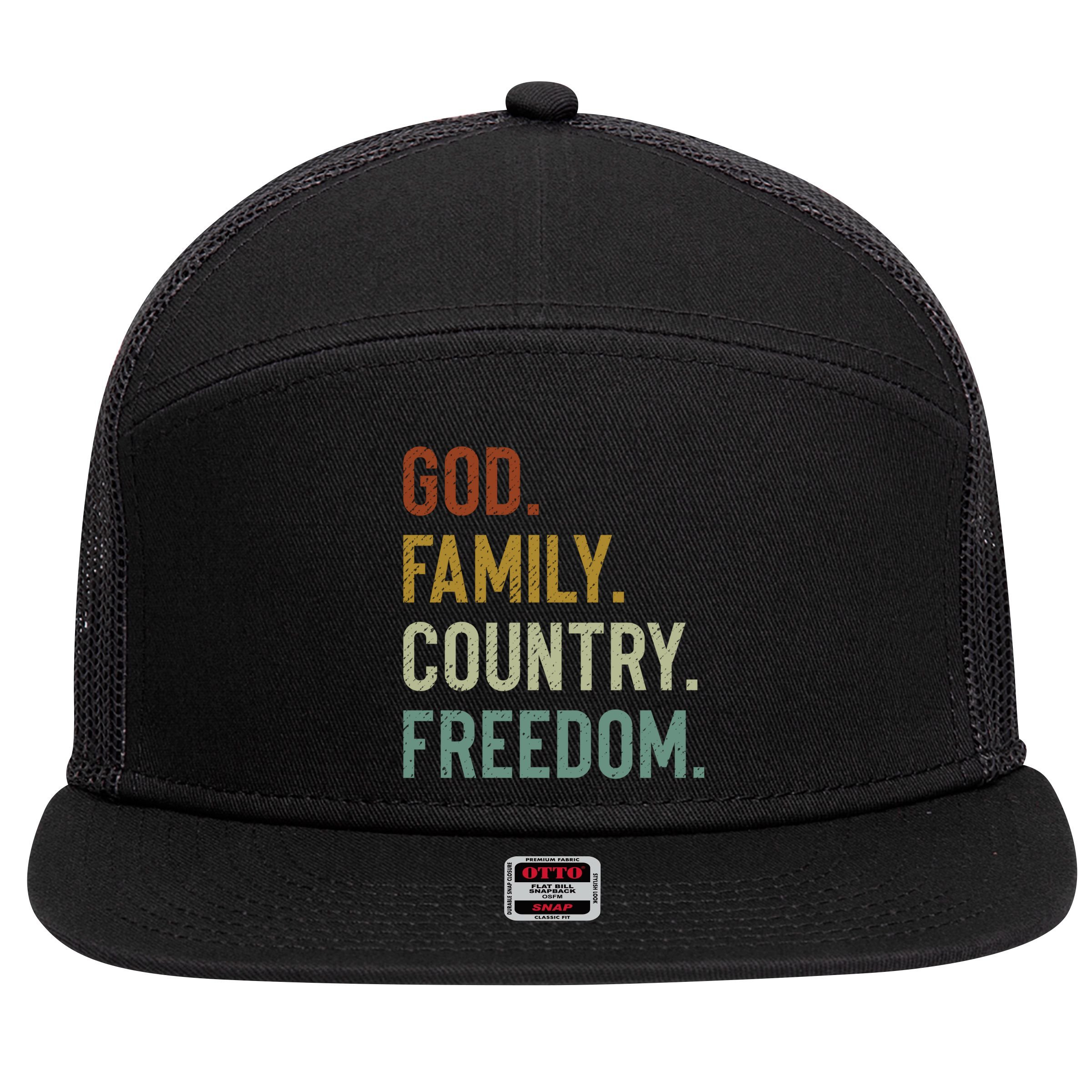 God Family Country Freedom Retro Patriotic Christian Values Cool Gift 7 Panel Mesh Trucker Snapback Hat