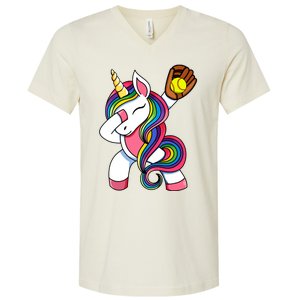 Girl Funny Dabbing Softball Unicorn Apparel Dab V-Neck T-Shirt