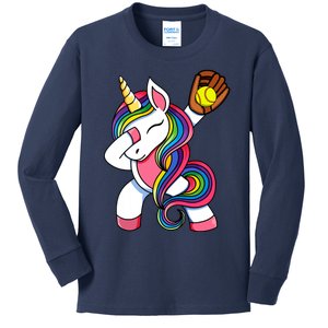 Girl Funny Dabbing Softball Unicorn Apparel Dab Kids Long Sleeve Shirt