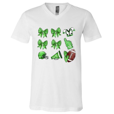 Green Football Design Touchdown Season Coquette Football V-Neck T-Shirt