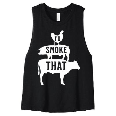 Grilling Funny Dad ID Smoke That Smoker Grill Master Bbq Women's Racerback Cropped Tank