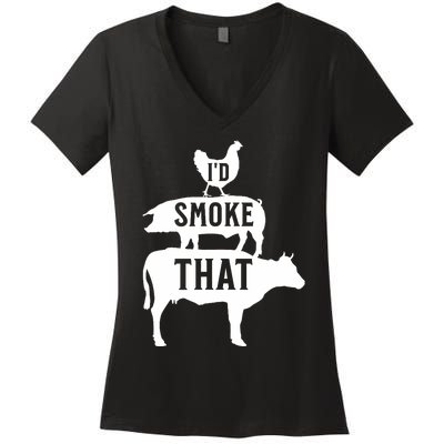 Grilling Funny Dad ID Smoke That Smoker Grill Master Bbq Women's V-Neck T-Shirt