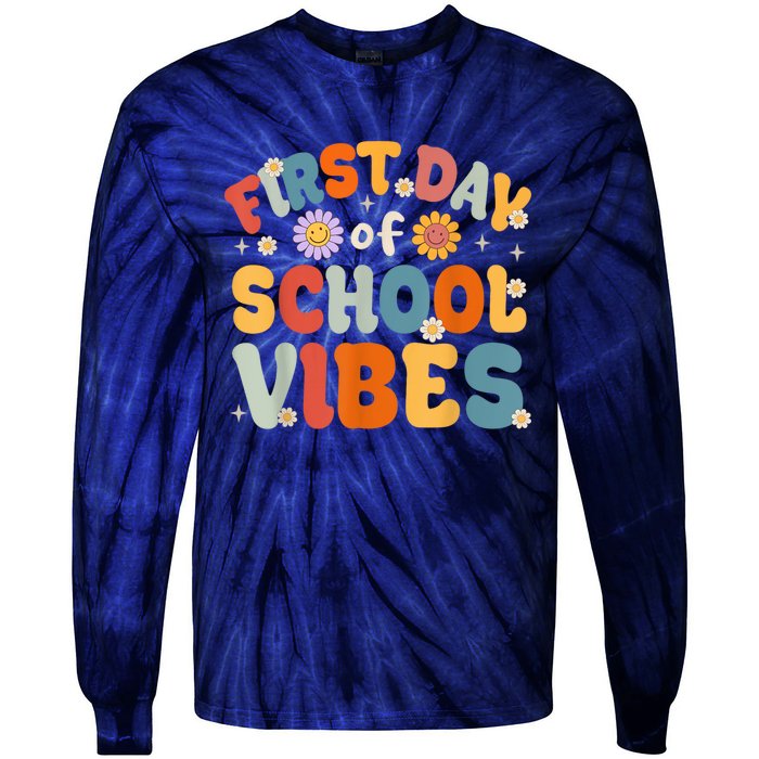 Groovy First Day Of School Vibes Teachers Students Kids Tie-Dye Long Sleeve Shirt