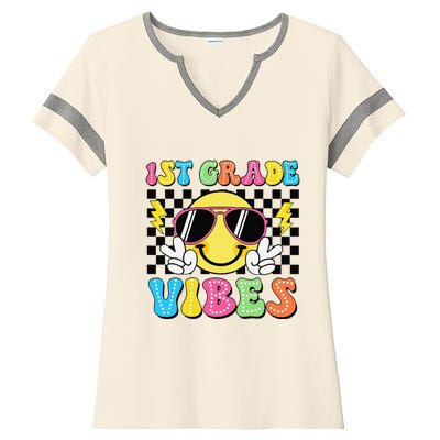 Groovy First Day Of School 1st Grade Vibes Back To School Ladies Halftime Notch Neck Tee