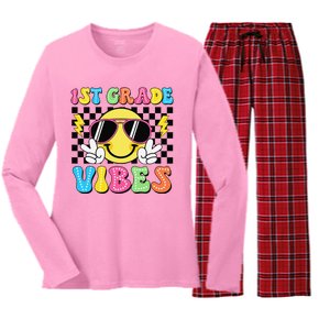 Groovy First Day Of School 1st Grade Vibes Back To School Women's Long Sleeve Flannel Pajama Set 