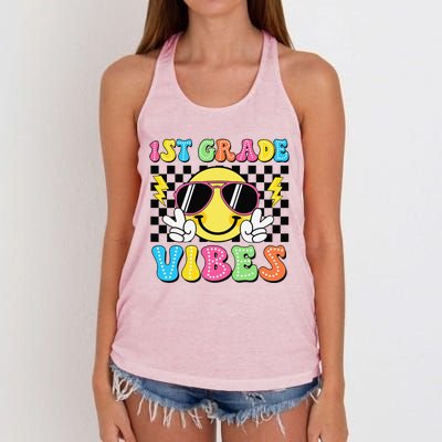 Groovy First Day Of School 1st Grade Vibes Back To School Women's Knotted Racerback Tank