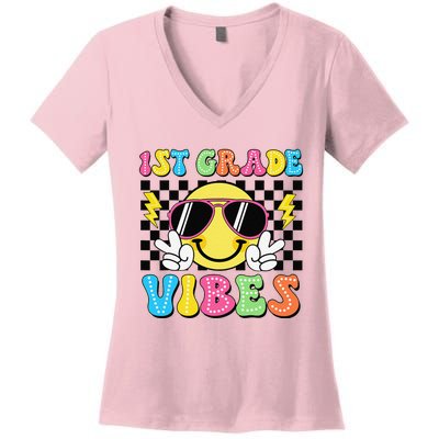 Groovy First Day Of School 1st Grade Vibes Back To School Women's V-Neck T-Shirt