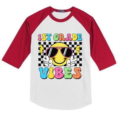 Groovy First Day Of School 1st Grade Vibes Back To School Kids Colorblock Raglan Jersey