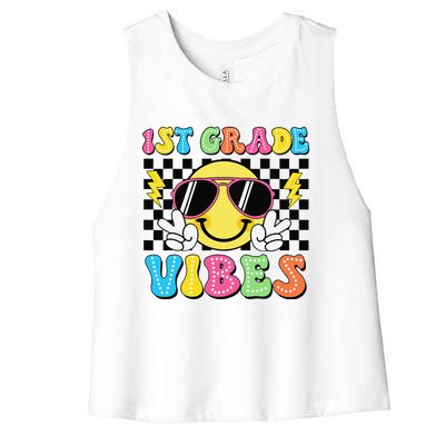 Groovy First Day Of School 1st Grade Vibes Back To School Women's Racerback Cropped Tank