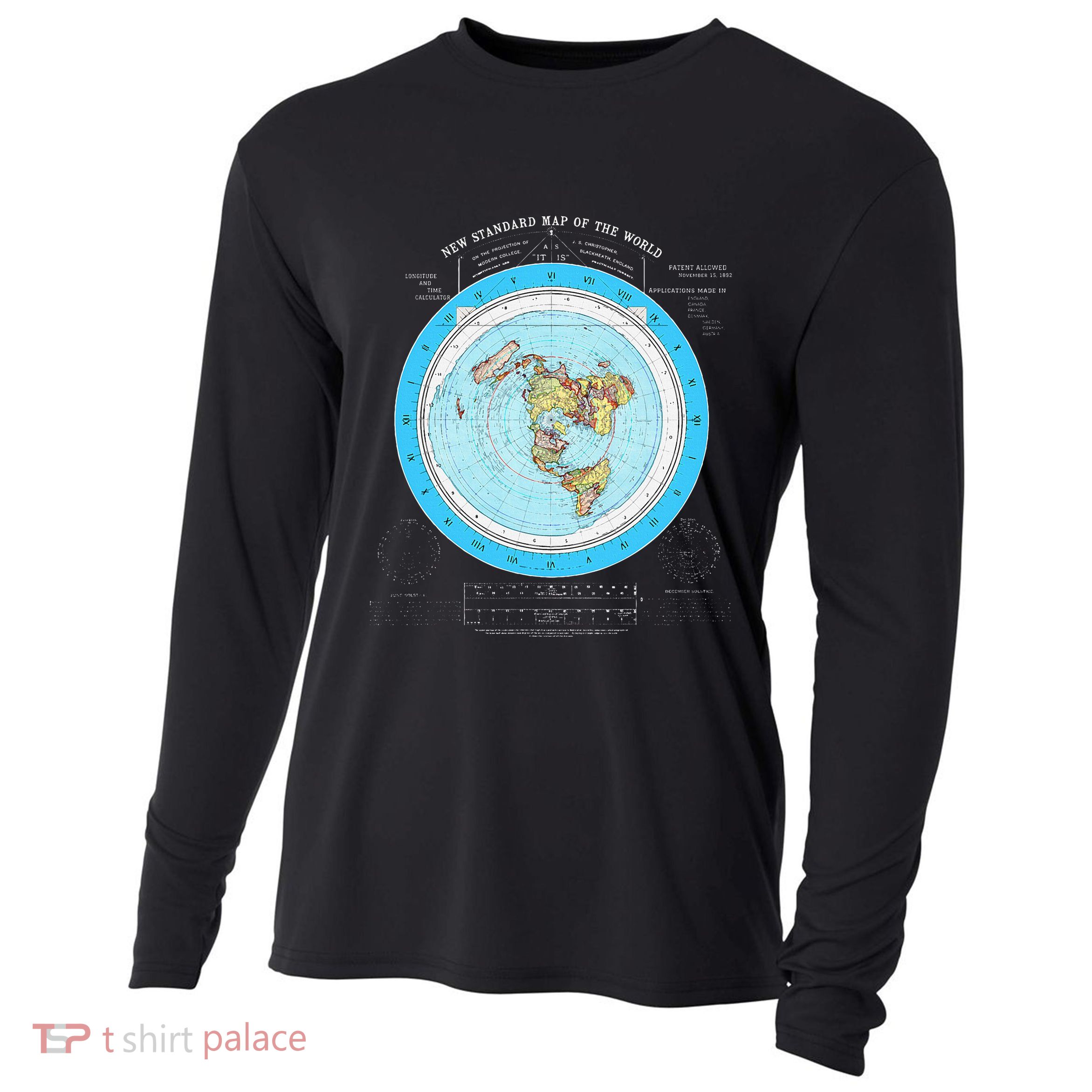Gleason Flat Earth Map Blue Flat Earth Map Flat Earth Cooling Performance Long Sleeve Crew