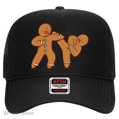 Gingerbread Fight Funny Holiday High Crown Mesh Back Trucker Hat