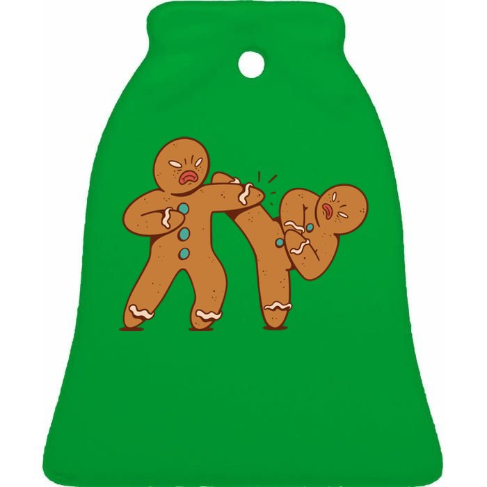 Gingerbread Fight Funny Holiday Ceramic Bell Ornament