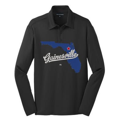 Gainesville Florida FL Map Silk Touch Performance Long Sleeve Polo