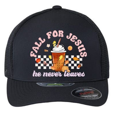 Groovy Fall For Jesus He Never Leaves Pumpkin Spice Autumn Flexfit Unipanel Trucker Cap