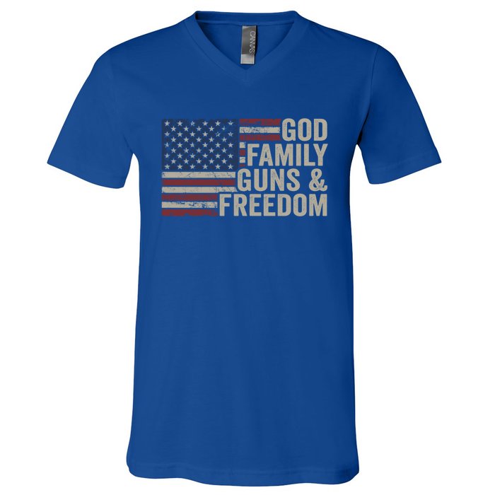 God Family Guns And Freedom Gift Pro Gun Vintage Usa Flag Cool Gift V-Neck T-Shirt